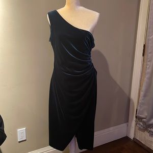 BLOOMINGDALE'S “Aqua” Hunter Green Velvet One SHOULDER COCKTAIL Dress